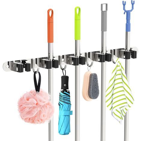Wall-Mounted Broom Holder, Broom Rack with 5 Brackets and 4 Nail-on Hooks (Drill or Adhesive Required) for Kitchen, Garage, Garden, Silver (1/5)