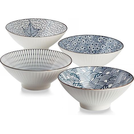 Ensemble de 4 bols à ramen japonais en céramique, 38 oz - Ensemble de 4 bols pour céréales, soupe, pho, nouilles - Bleu et blanc, 20 cm, multicolore (1/5)