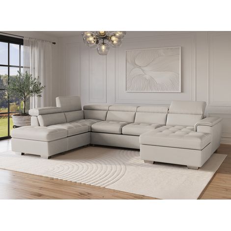 Deco In Paris – Canapé convertible panoramique avec coffre de rangement – Tissu beige – Largeur 323 cm – Angle droit – Dossier large et assise moelleuse (1/5)