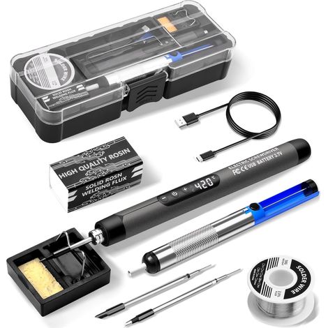 Akku Lötkolben Set -  USB Wiederaufladbar Lötkolben mit LCD, Wireless Soldering Iron Set, Wireless Soldering Tips and Soldering Stand with Adjustable Temperature (Grau) (1/5)