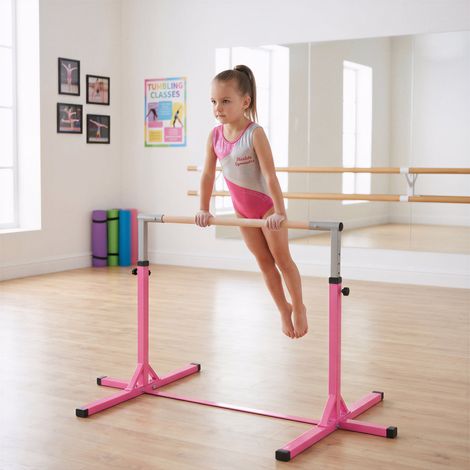 Barre de Gymnastique Artistique pour Enfants de 3+ Ans avec Hauteur Réglable de 92 à 150 cm, en Acier et en Bois Massif de Hêtre, Barres Horizontales Équipement de Danse de Gym Antidérapant, Rose (1/5)