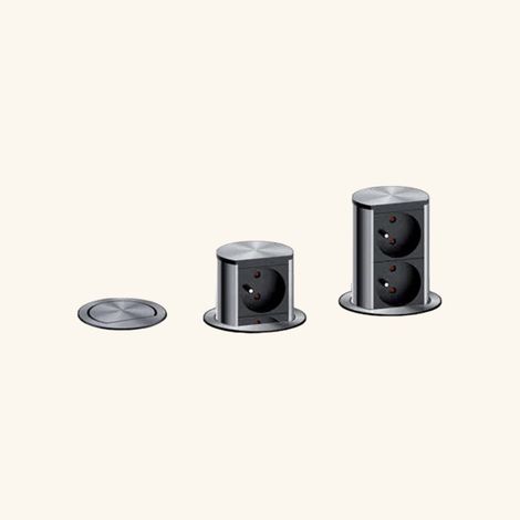 Cuisissimo – Prise de courant rétractable inox brossé – Double prise 220V – Ouverture par pression – Pour espaces confinés