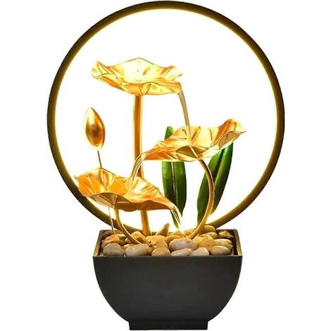 Fontaine de table à eau alimentée par USB, fontaine de relaxation en cascade avec pierres naturelles et anneaux lumineux LED (1/5)