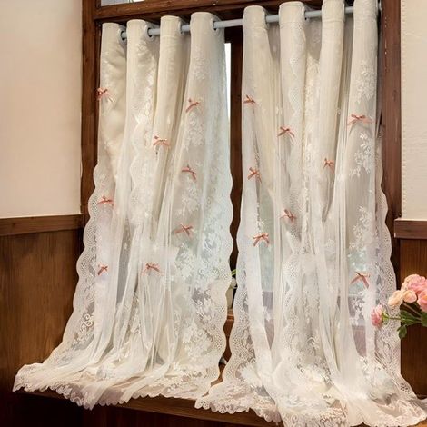 Tende oscuranti a 2 pannelli in stile country francese con nappe rosse per camera da letto e soggiorno (beige, 150x150 cm) (1/5)