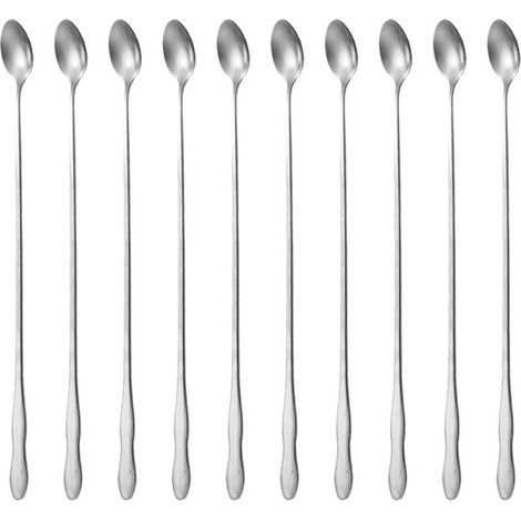 Lot de 10 cuillères de bar à long manche en acier inoxydable de 20 cm - Réutilisables - Convient pour le café, la crème glacée, les cocktails, les milkshakes et les boissons froides