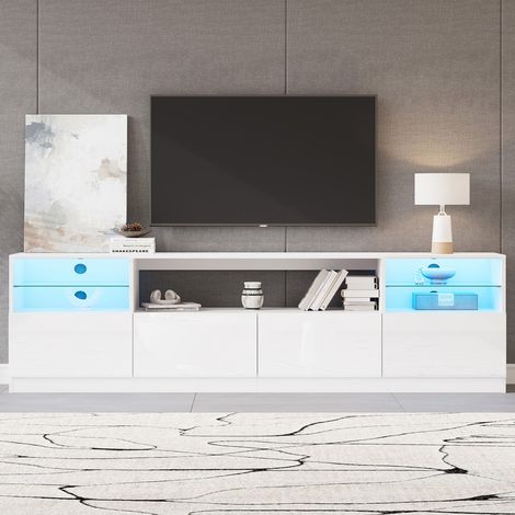 Meuble TV bas laqué blanc brillant 180x35x60cm avec LED 4 portes 8 rangements support TV jusqu'à 75 pouces salon salle à manger ouvert (1/5)