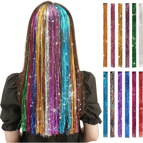 Extensions à clips pailletées colorées, 12 pièces, 50 cm, effet arc-en-ciel, reflets brillants - 50 cm - 12 pièces (1/2)