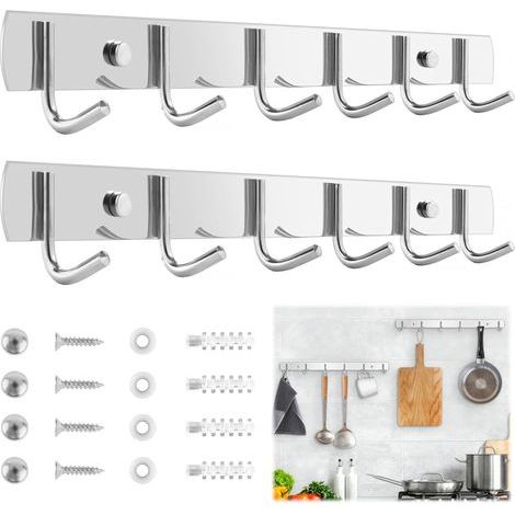 UNINGYI Set of 2 Kitchen Hooks with 6 Stainless Steel Hooks - 32 cm - For Kitchen, Bathroom, Living Room and Hallway (1/5)
