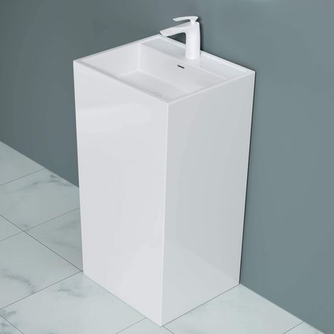 doporro Lavabo Colonne sur Pied Rectangulaire Blanc Vasque Fonte Minérale Solid Surface Lave Mains pour Salle de Bain 50x42x90cm Colossum34 (1/5)