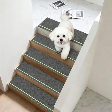 15 Pièces Antidérapant Tapis Marche d'Escalier 76 cm x 20 cm, Auto-adhésifs Tapis Escalier avec Bandes Phosphorescentes, en Polyester, pour Enfants, Aînés et Animaux (Gris Foncé) (1/5)
