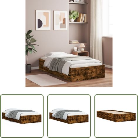 vidaXL Bois d'ingénierie - Cadre de lit avec tiroirs sans matelas chêne fumé 90x190 cm (1/5)