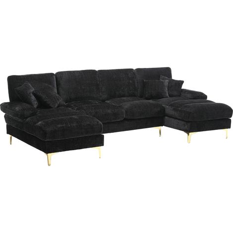Divano modulare a U in chenille nero con chaise longue doppia, struttura in legno e gambe in metallo (1/5)