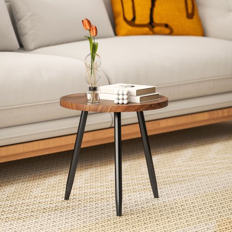 Table basse salon ronde, table d'appoint moderne avec cadre en acier, pour salon, chambre, bois de noyer, Ø 40 x 39 centimètres