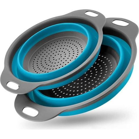 Lot de 2 passoires pliables, passoire flexible en silicone pour légumes/fruits, passoire pliable pour cuisine (bleu)