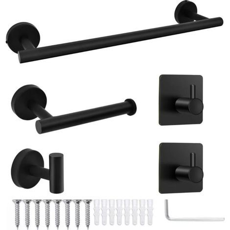 [JAMAIS UTILISÉ] 5 Pieces Bathroom Hardware Accessories Set Towel Rack Paper Holder Hook Adhesive Hook Multifunction Bathroom Set Black (1/4)