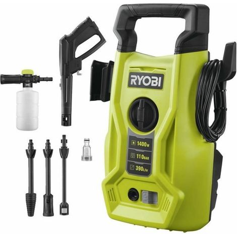 RYOBI - Hochdruckreiniger 1400 W - 110 bar - 390 L - 5 m PVC-Schlauch - Vario- & Turbopistolen - Reinigungsmittel-Düse - RY110PWA