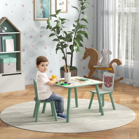 Table enfant avec 2 chaises motif animal mignon,conception sûre ludique pour enfants de 3 à 8 ans couleur verte.