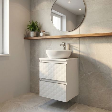 Mobile da bagno a parete 32,5 x 51 x 33 cm – mobile basso – frontale 3D con decorazione a piramide – bianco opaco – Cube Way (CU