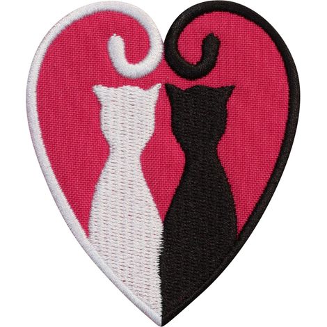 Aufnäher mit schwarzer und weißer Katze, deren Schwänze ein Herz bilden – zum Aufbügeln/Heißsiegeln – gestickter Aufnäher/Abzeichen/Emblem