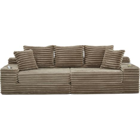 Canapé compressé en velours côtelé avec dossier haut et coussins supplémentaires, poches et porte-gobelets des deux côtés, modulable en canapé-lit, rembourrage doux pour un confort maximal, kaki (1/5)