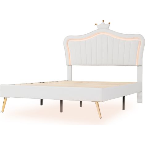 Cama infantil acolchada blanca 140 x 200 cm con LED, cabecero corona y somier de láminas (1/5)