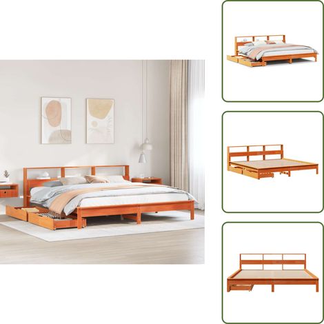 The Living Store Cama con estantería sin colchón madera maciza marrón 180x200cm - Cama sin colchón