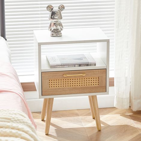 Moderner Beistelltisch aus Rattan und Massivholz, H55 x B40 x T30 cm, Nachttisch mit Schublade und Metallgriffen, Weiß LINHOO