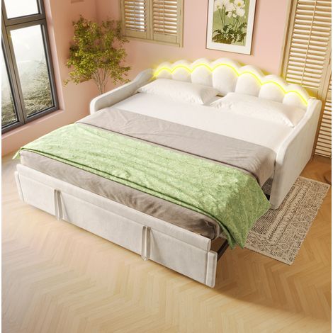 Lit banquette moderne en velours beige 90x200 cm avec lit gigogne 180x200 cm, tête de lit ondulée et LED