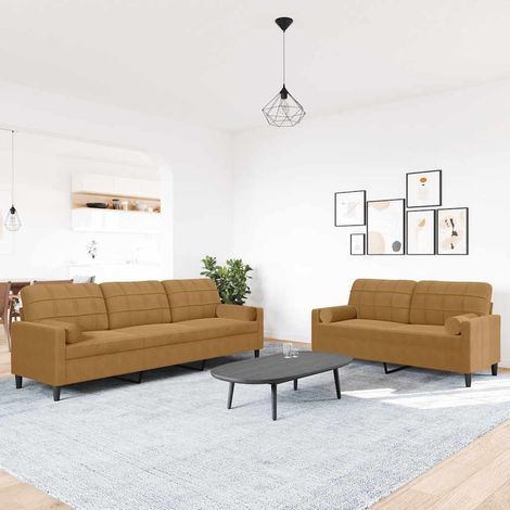 2-tlg. Sofagarnitur mit Kissen und Nackenrollen Braun Samt