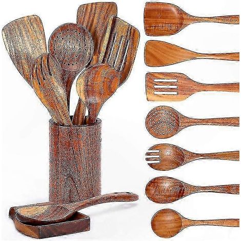 Set aus 9 Holzlöffeln mit Ständer, Küchenutensilien aus Teakholz zum Rühren und Mischen, Kochzubehör-Set (1/5)
