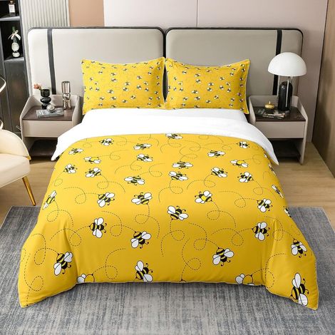Mignon d'abeille Housse de Couette 220x240cm, Abeille de Dessin animé et Fleurs Literie Set, Nature Printemps Jardin Abeille décoration Coton Housse de Couette Jaune Noir - 220 x 240 cm + 2 taies d'or (1/5)