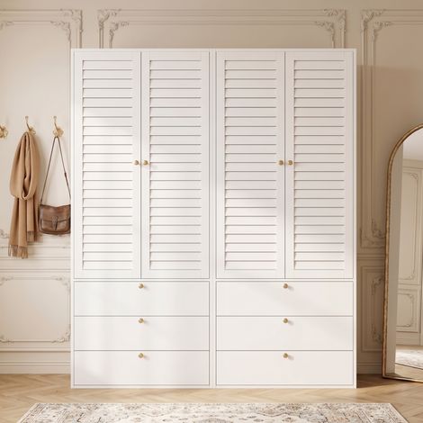 Armadio 4 ante 180x50x200 cm, porte a lamelle, 2 appendiabiti, 6 cassetti, pannello truciolare bianco (1/5)