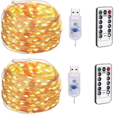 USB Christmas Fairy String Light 100LED, 10M Lampe décorative étoile à 8 Fonctions, Guirlande Lumineuse en Fil de cuivre étanche avec télécommande (2pcs) Lumière Chaude (1/5)