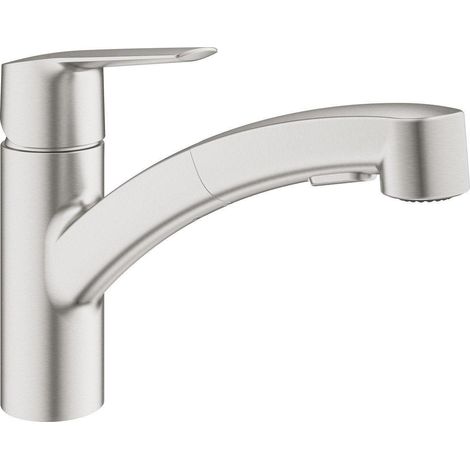 Grohe – Mitigeur de cuisine avec douchette 2 jets – Acier mat – Hauteur sous bec 13.9 cm – Débit 9 l/min – Cartouche céramique 35 mm (1/3)