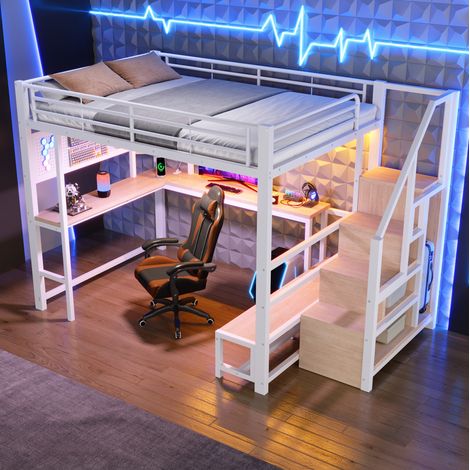 Letto a soppalco 255x145.5x170 cm bianco in metallo e MDF con scrivania, LED e ricarica USB-C (1/5)