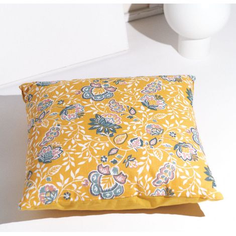 Coussin carré en coton imprimé de fleurs - Jaune - 50 x 50 cm - Livraison gratuite (1/3)