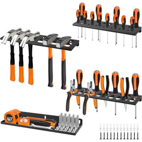 Lot de 4 supports de rangement muraux pour outils à main, organisateur de tournevis, porte-pinces, porte-marteaux, étagère de rangement en métal, organisateur d'outils à main pour garage (1/5)