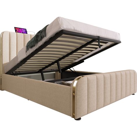 Lit coffre 140x200 avec tête de lit USB-C, tissu beige et structure métal, rangement hydraulique, avec matelas, CHICFURN (1/5)