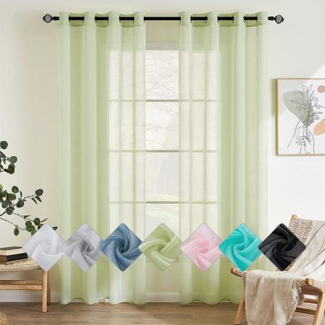 Couleur Pure Rideaux De Fenêtre Transparents Lisse Panneaux Voile De Fenêtre Rideaux Élégant Traitement pour Chambre Salon Rideaux à Oeillets 2 Panneaux 140x145cm Vert (1/5)