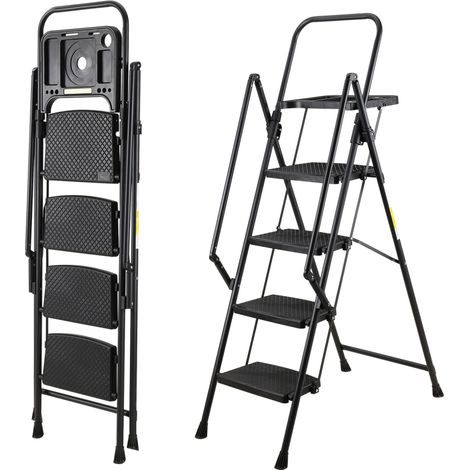 Escabeau 4 marches – Tabouret pliant en acier avec rampe, pédales antidérapantes – Capacité 150 kg – Idéal pour cuisine, maison et bricolage – Noir (1/4)