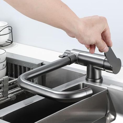 Robinet Cuisine 3 Voies Pivotant 360°, Mitigeur Cuisine Rabattable 2 Poignées, Robinet de Cuisine 3 Voies Laiton-Gris (1/5)