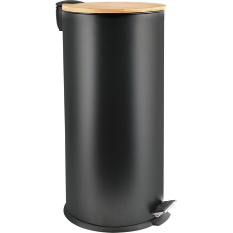 Spirella – Poubelle à pédale 30L en acier noir – Couvercle en bambou avec fermeture lente – Revêtement anti-trace de doigts – Design moderne