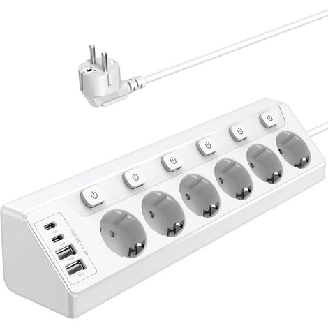 1 Multiprise 6 Prises, 4 Ports USB, Interrupteur Individuel, Câble 2m, Pour Cuisine, Bureau, Salon