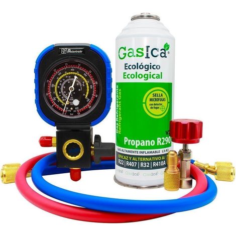 Gas refrigerante pack Gasica V2 sustituto del R22, R407, R32, R410A mas llave, manometro y adaptador