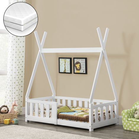 [En.Casa] – Lit cabane enfant 140x70 cm – Matelas orthopédique en mousse froide – Lit en pin avec barreaux de sécurité – Blanc mat (1/5)