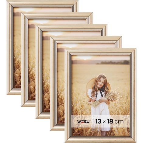 WOLTU Marcos de Fotos Originales de Madera Juego de 5 Marcos para Fotos Mesa Pared Marcos Moderno de Estilo 13x18 cm Marcos Vintage para Gift Regalo Cumpleaños Fiestas Oro