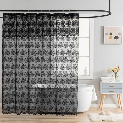 Rideau de Douche en Dentelle Noire Vintage Transparent avec cantonnière attachée, Rideau de Douche élégant bohème pour Salle de Bain, Gothique, Halloween, décoration de Salle de (1/5)