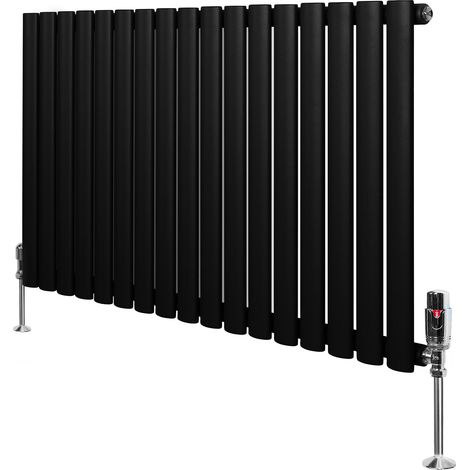 Radiateur à Colonnes Ovales & Vannes 1 Panneau 600 x 1020 mm en Acier Carbone Noir Chauffage Centrale Moderne Horizontale Monté Sur Mur Cuisine [Brosse de Nettoyage & Supports INCLUSES]