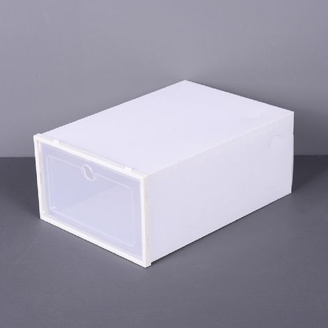 Boîte à chaussures de rangement épaisse en plastique transparent, blanche.