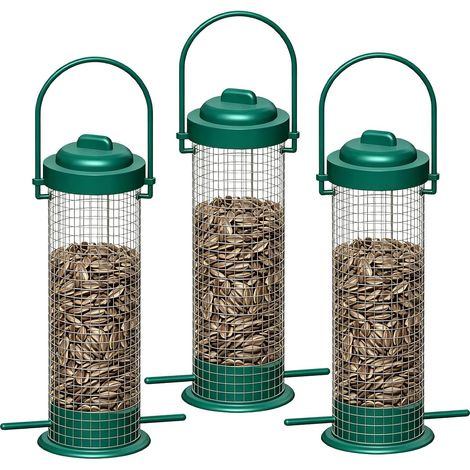 Lot de 3 porte-boules de graisse, distributeur de nourriture pour oiseaux en métal de 30 cm avec toit, distributeur de nourriture pour oiseaux, support pour boules de maïs à suspendre, support pour (1/5)